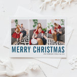 Blue Typografy Foto Collage Frohe Weihnachten<br><div class="desc">Frohe Weihnachten! Individuell anpassbare Weihnachts-Foto-Collage-Flachkarte mit blauer Typografie und Schneemuster. Personalisieren Sie Ihre Daten durch Hinzufügen von drei Fotos,  Namen,  Jahr und anderen Details. Diese moderne Weihnachtskarte ist in anderen Farben und mit einem Karton erhältlich.</div>