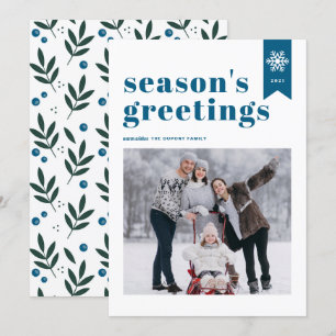 Blue Typografy Snowflake Season's Greetings Foto Feiertagskarte