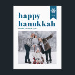 Blue Typography Snowflakes Foto Happy Hanukkah Feiertagspostkarte<br><div class="desc">Happy Hanukka! | Senden Sie Ihre Urlaubswünsche mit dieser personalisierbaren Hanukkah Foto Postkarte. Es zeichnet sich durch eine blaue Retro-fette Typografie, einen schlichten Schneeflocken-Akzent und festliche Muster aus. Personalisieren Sie diese durch Hinzufügen von Namen, Jahr und Foto. Dieses festliche Foto Happy Hanukkah Postcard ist in verschiedenen Farben und Kartenmaterial erhältlich....</div>