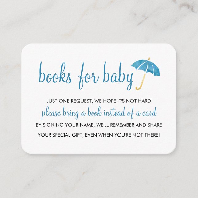 Blue Umbrella Baby Dusche | Bücher für Babybettche Begleitkarte (Vorderseite)