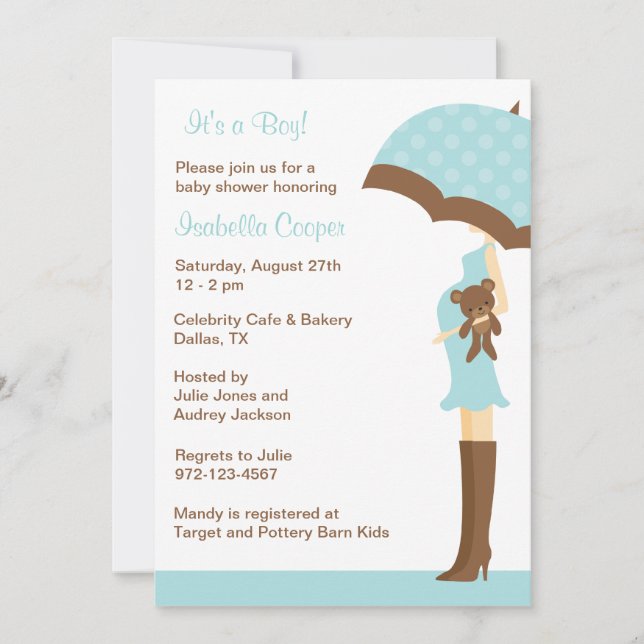 Blue Umbrella Baby Shower Einladungen (Vorderseite)