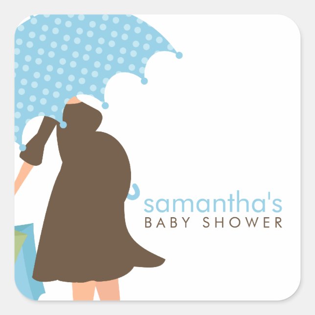 Blue Umbrella Mama Boy Baby Dusche Quadratischer Aufkleber (Vorderseite)