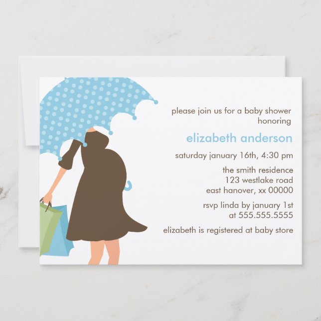 Blue Umbrella und Baby Bump Baby Dusche Einladung (Vorderseite)