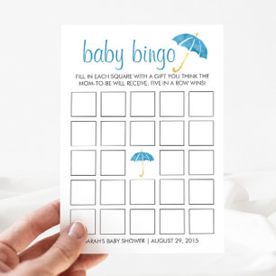 Blue Umbrellas Baby Dusche Bingo Game Card