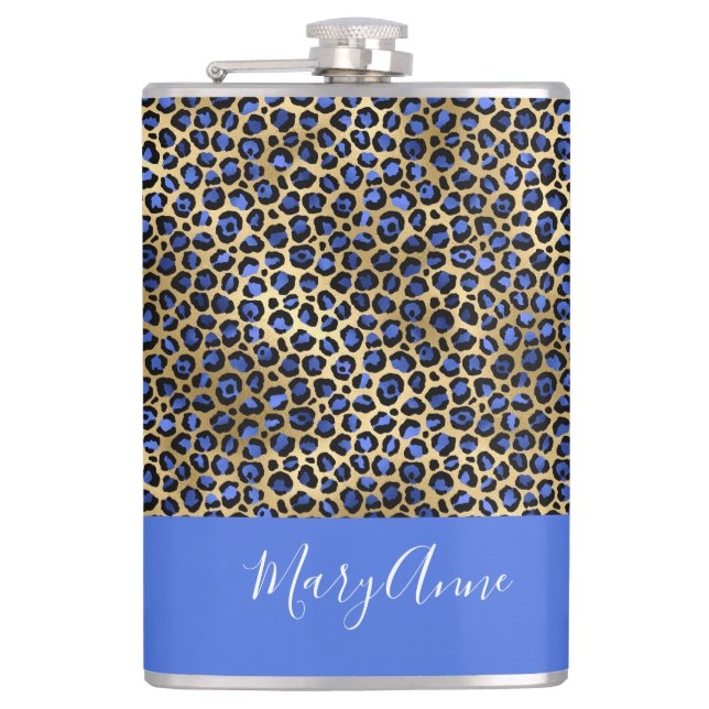 Blue und Gold Cheetah Print Monogram Flachmann (Vorderseite)
