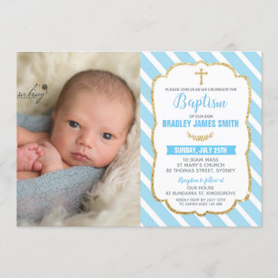 Blue und Gold Christening Taufe Baby Boy Foto Einladung