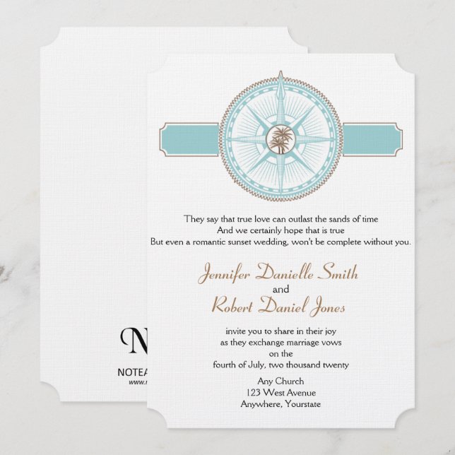 Blue und Gold Compass Rose Beach Hochzeit Einladung (Vorne/Hinten)