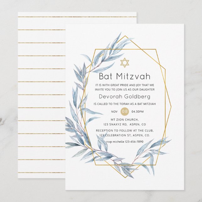 Blue und Gold Geometric Eucalyptus Bat Mitzvah Einladung (Vorne/Hinten)