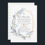 Blue und Gold Geometric Eucalyptus Bat Mitzvah Einladung<br><div class="desc">Elegante Wald Eukalyptus Blätter Fledermaus mitzvah laden schnell und einfach auf Ihre Event-Besonderheiten angepasst werden.</div>