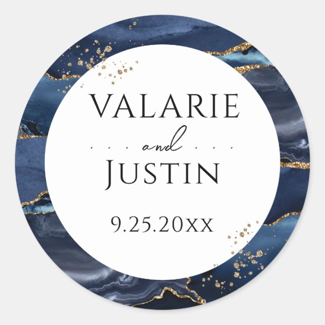 Blue und Gold Glitzer Marmor Hochzeitsticker Runder Aufkleber (Vorderseite)