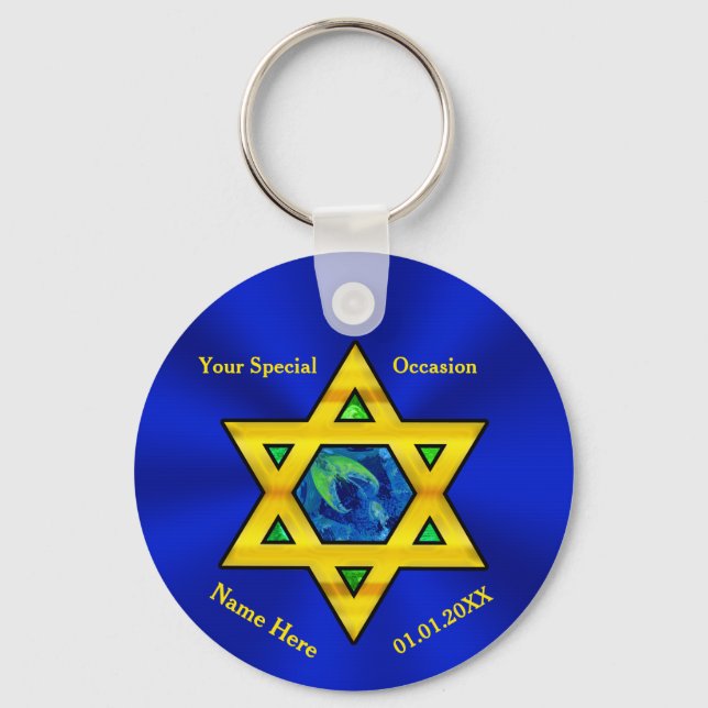 Blue und Gold Personalisierte Bar Mitzvah-Favorite Schlüsselanhänger (Vorderseite)