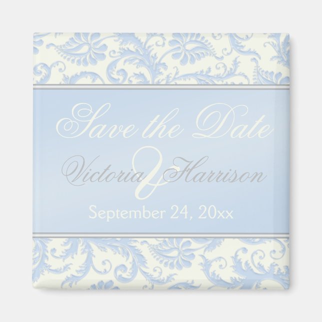 Blue und Ivory Damask Wedding Favor Magnet (Vorne)