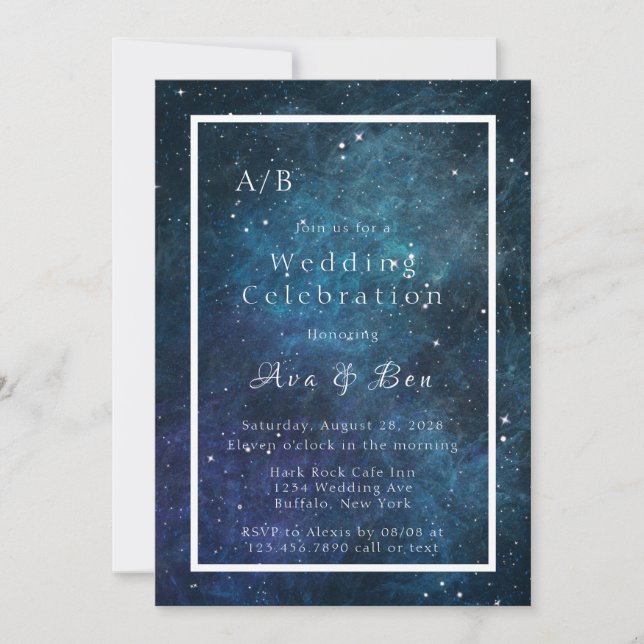 Blue und Lila Galaxy Space Initials Wedding Einladung (Vorderseite)