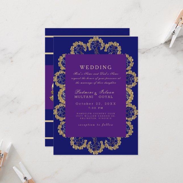 Blue und Lila Regal Indian Style Wedding Einladung (Vorderseite/Rückseite Beispiel)