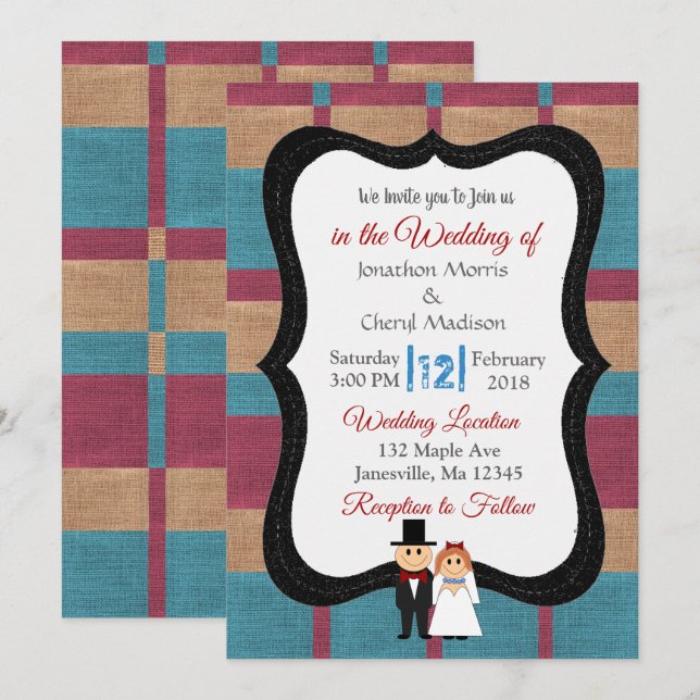Blue und Maroon Burlap Einladung zur Hochzeit (Vorne/Hinten)