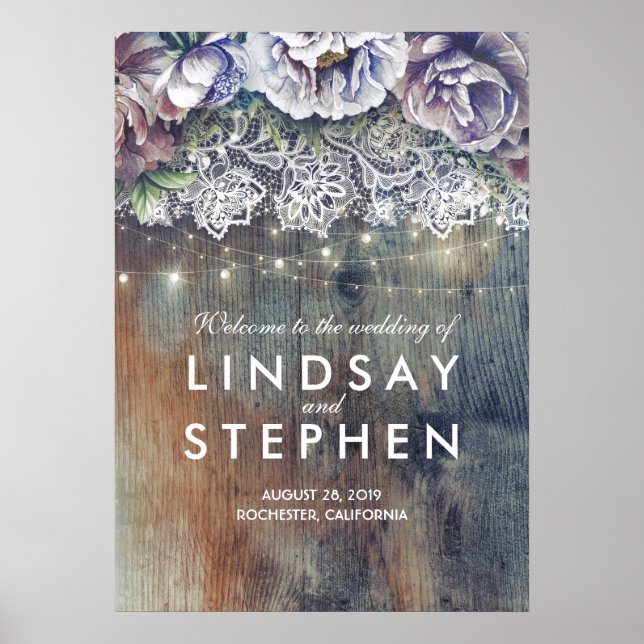 Blue und Maroon Floral Lace Wedding Willkommenszei Poster (Vorne)