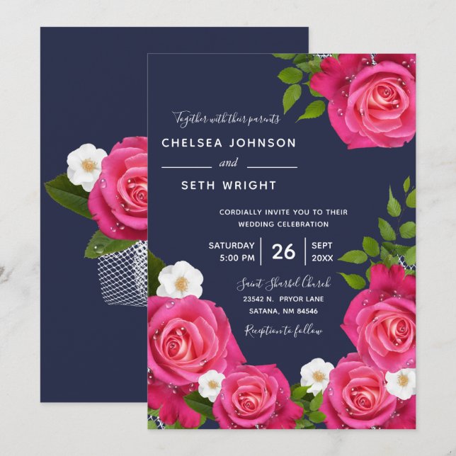 Blue und Rose Wedding Midnight Einladung (Vorne/Hinten)