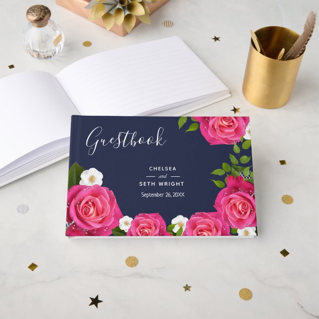 Blue und Rose Wedding Midnight Gästebuch (Vorderseite Offen)