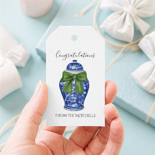 Blue und White Ginger Jar mit Green Bow Geschenkanhänger