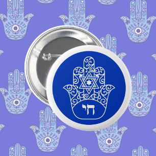 Blue und White Hebrew Chai Hamsa Button