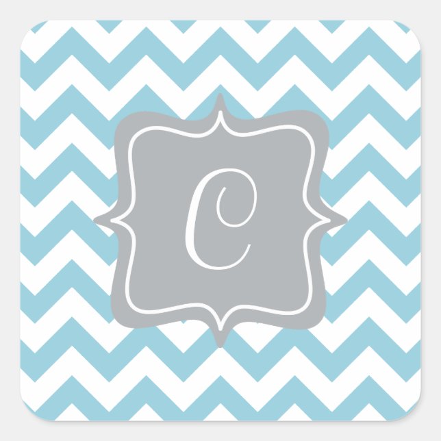 Blue und White Zigzag Monogram Quadratischer Aufkleber (Vorderseite)