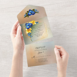 Blue und Yellow Irises Wedding All In One Einladung