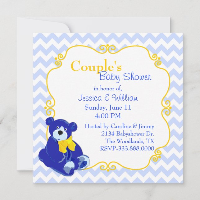 Blue und Yellow Teddy Bear Couple's Baby Dusche Einladung (Vorderseite)