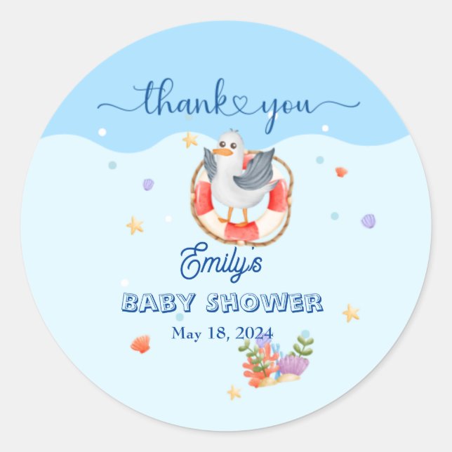Blue Under Sea Baby Boy Shower Seabird Runder Aufkleber (Vorderseite)