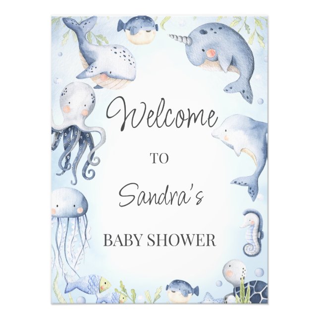 Blue Under Sea Creatures Boys Baby Shower Schild (Vorne)