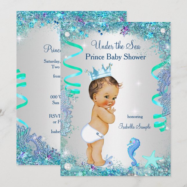 Blue under Sea Prince Baby Dusche Brünetter Junge Einladung (Vorne/Hinten)