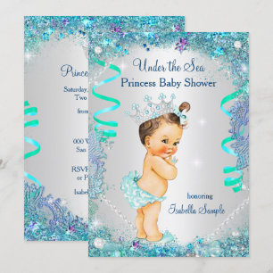 Blue Under Sea Princess Baby Shower Brünett Einladung