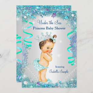 Blue Under Sea Princess Baby Shower Brünett Einladung