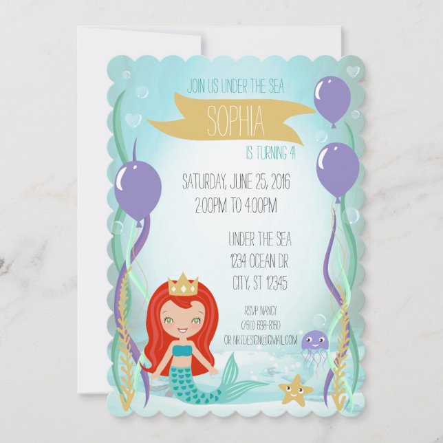 Blue Underwater Mermaid Princess Party Light Red Einladung (Vorderseite)
