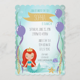 Blue Underwater Mermaid Princess Party Light Red Einladung
