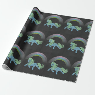 Blue Unicorn mit Rainbow Chalkboard schwarz Geschenkpapier