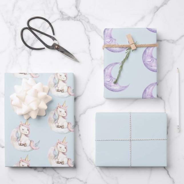 Blue Unicorn on Cloud Birthday Geschenkpapier Set (Vorderseite)