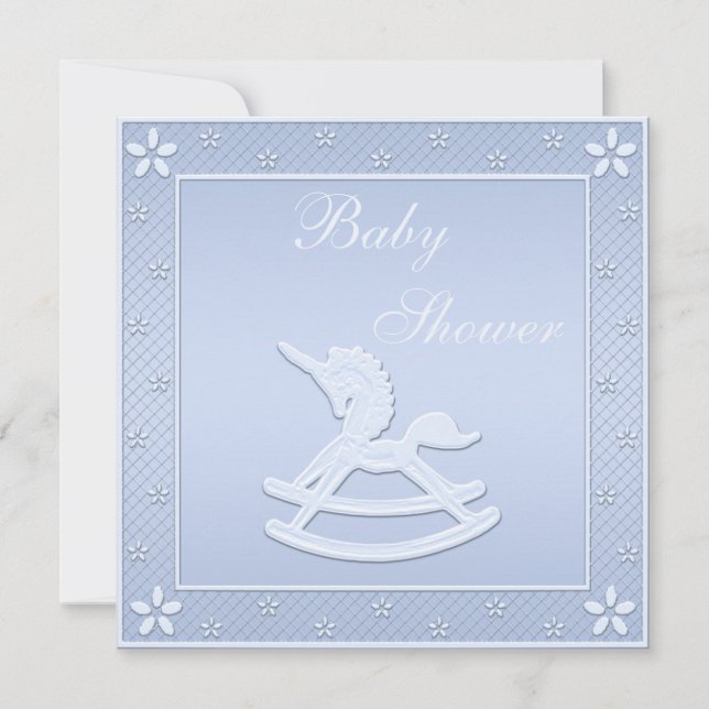 Blue Unicorn Rocking Horse Baby Boy Dusche Einladung (Vorderseite)