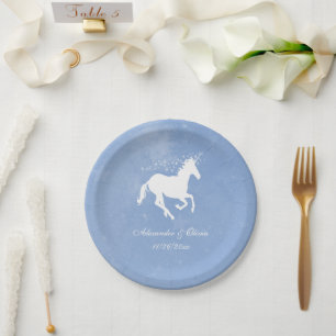 Blue Unicorn Wedding Paper Plate Pappteller
