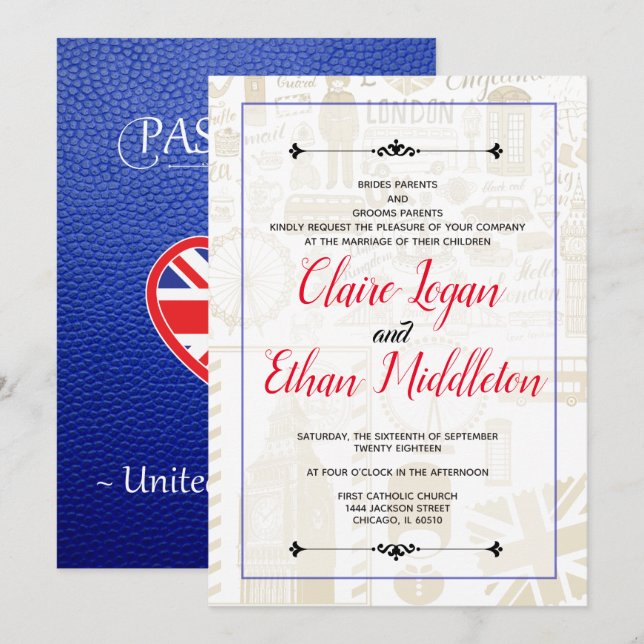 Blue United Kingdom Passport Invasion Einladung (Vorne/Hinten)