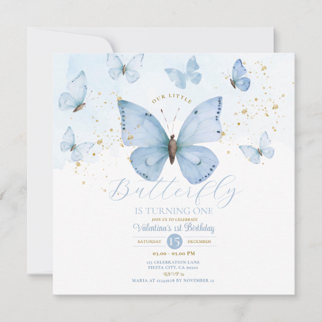 Blue Unser kleiner Schmetterling macht ein Gold Einladung (Vorderseite)