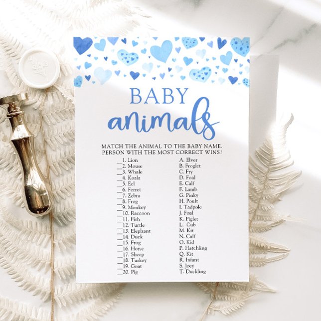 Blue Valentine Baby Shower Baby Animals Game Einladung (Watercolor Blue Hearts Valentine Sweetheart February Heartbreaker Boy Baby Animals Baby Shower Game)