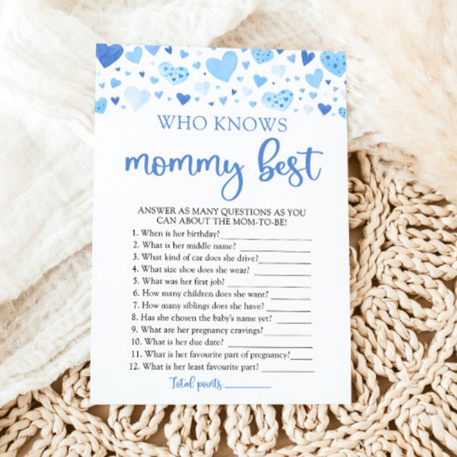 Blue Valentine, die Mommy Best Baby Dusche kennt Einladung (Watercolor Cute Blue Hearts Valentine Sweetheart February Boy Who Knows Mommy Best Baby Shower Game)