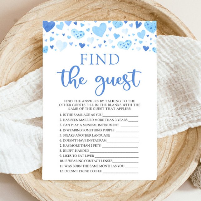Blue Valentine findet das Baby Duschspiel Einladung (Watercolor Cute Blue Hearts Valentine Sweetheart February Baby Boy Find The Guest Baby Shower Game)