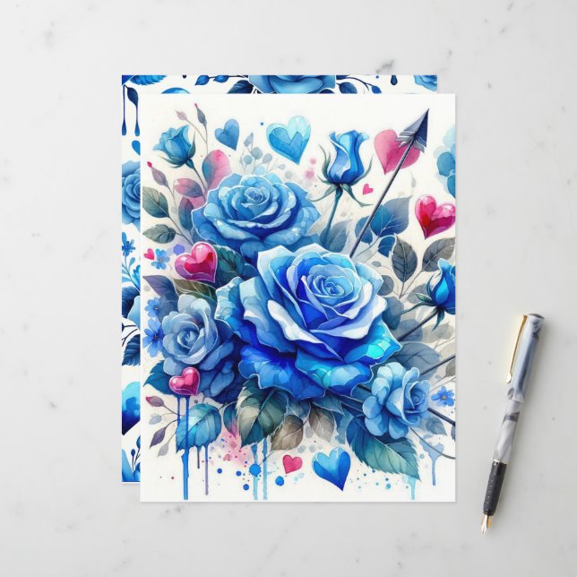 Blue Valentine Watercolor Scrapbook Paper (Vorderseite/Rückseite Beispiel)