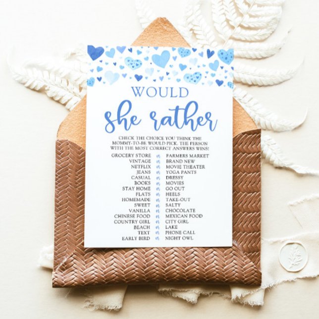 Blue Valentine würde eher ein Baby-Duschspiel Einladung (Watercolor Cute Blue Hearts Valentine Sweetheart February Boy Would She Rather Baby Shower Game)