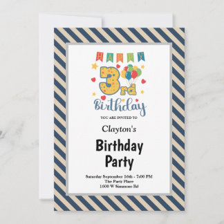 Blue/Vanilla Stripes Gerahmt 3. Geburtstag Party Einladung