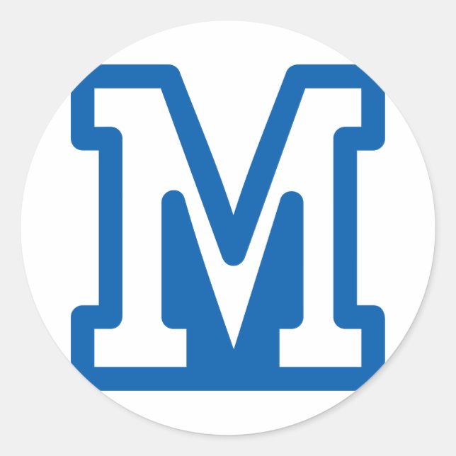 Blue Varsity Letter M Monogram Runder Aufkleber (Vorderseite)