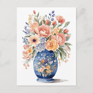 Blue Vase Blume Bouquet Aquarellmalerei Postkarte