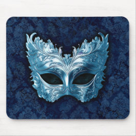 Blue Venetian Mask on Blue Damask Background Mousepad
