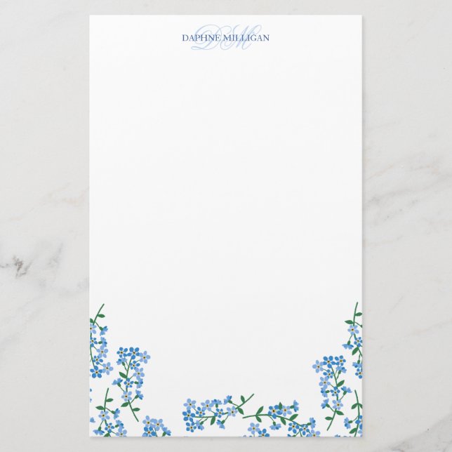Blue Vergiss Me Nots - Name Monogram hinzufügen Briefpapier (Vorderseite)